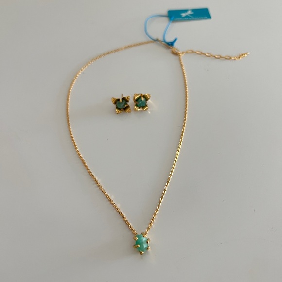 Earrings + Necklace Gold Plated Green Stone - Picture 5 of 5